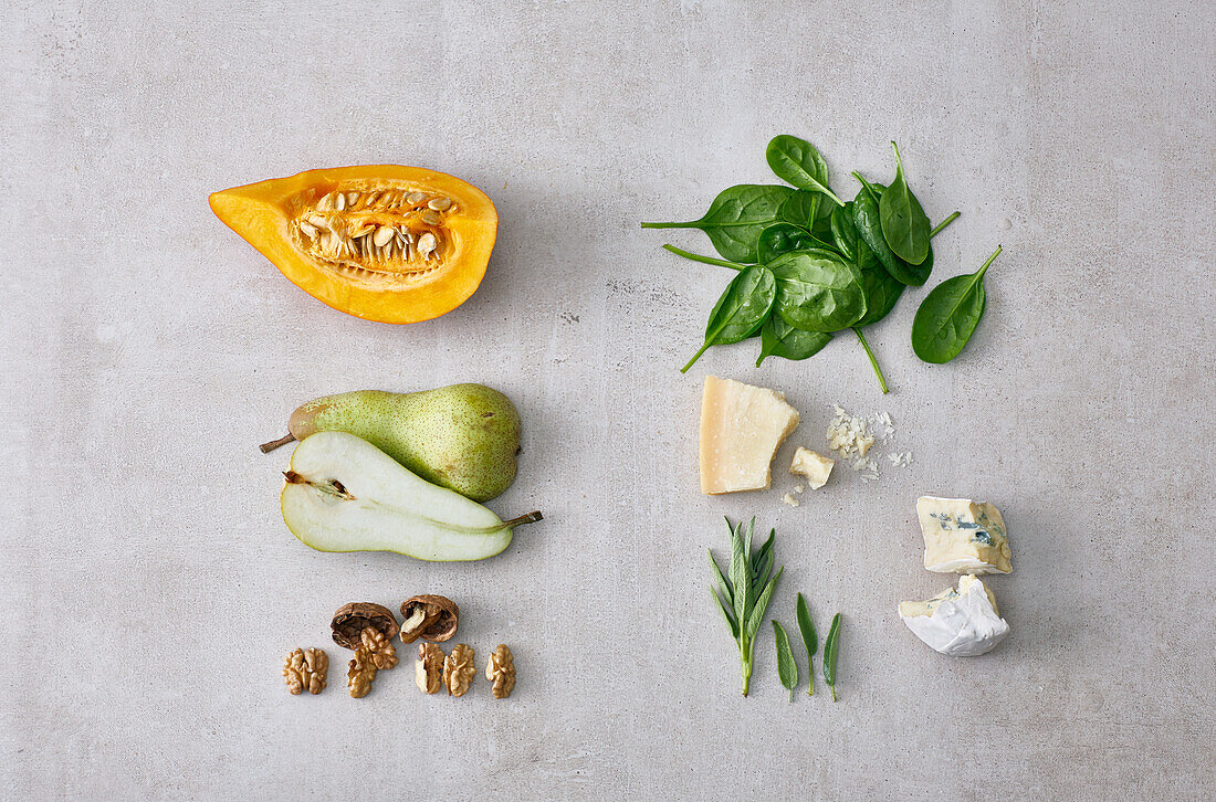 Ingredients for pumpkin gnocchi with pear, Roquefort cream and nuts