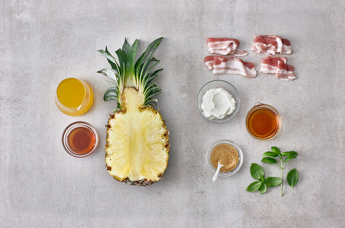 Ingredients for grilled pineapple with iced honey yoghurt and bacon tuiles