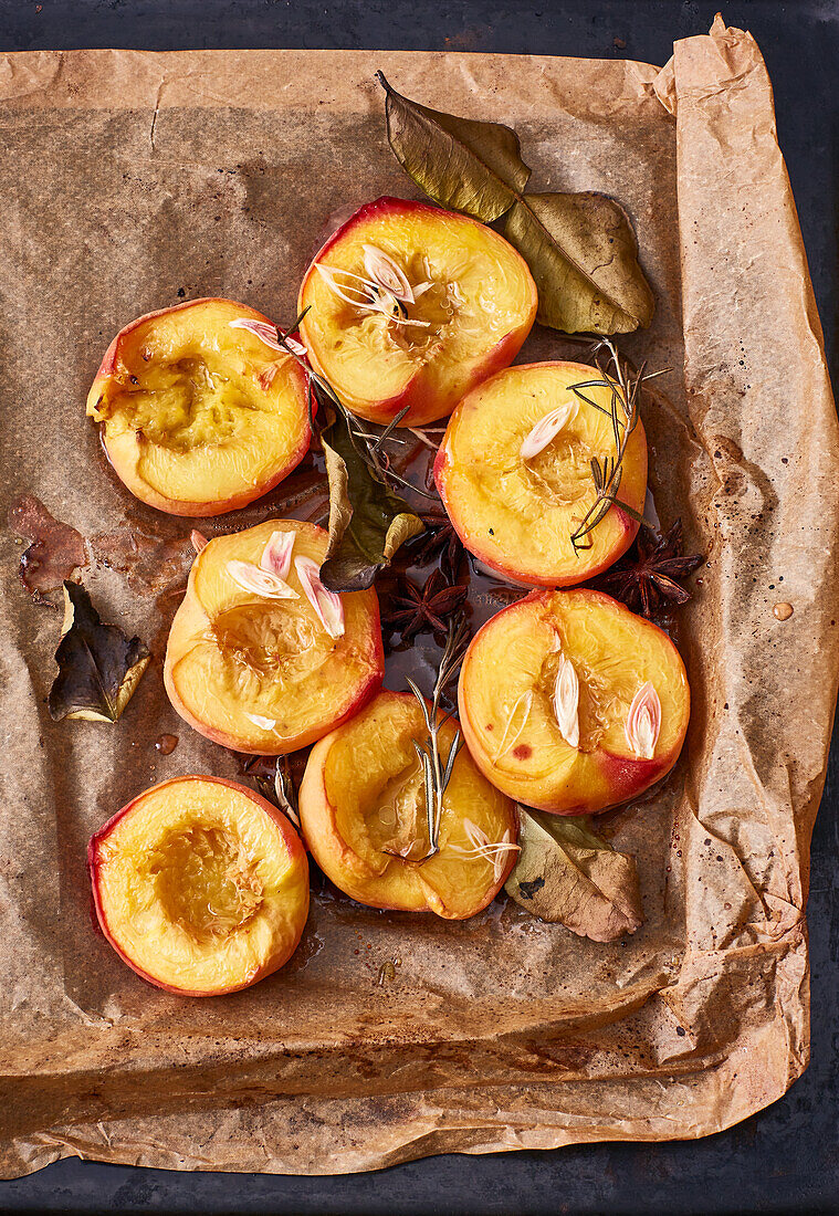 Baked peaches with lemongrass and kaffir lime leaves