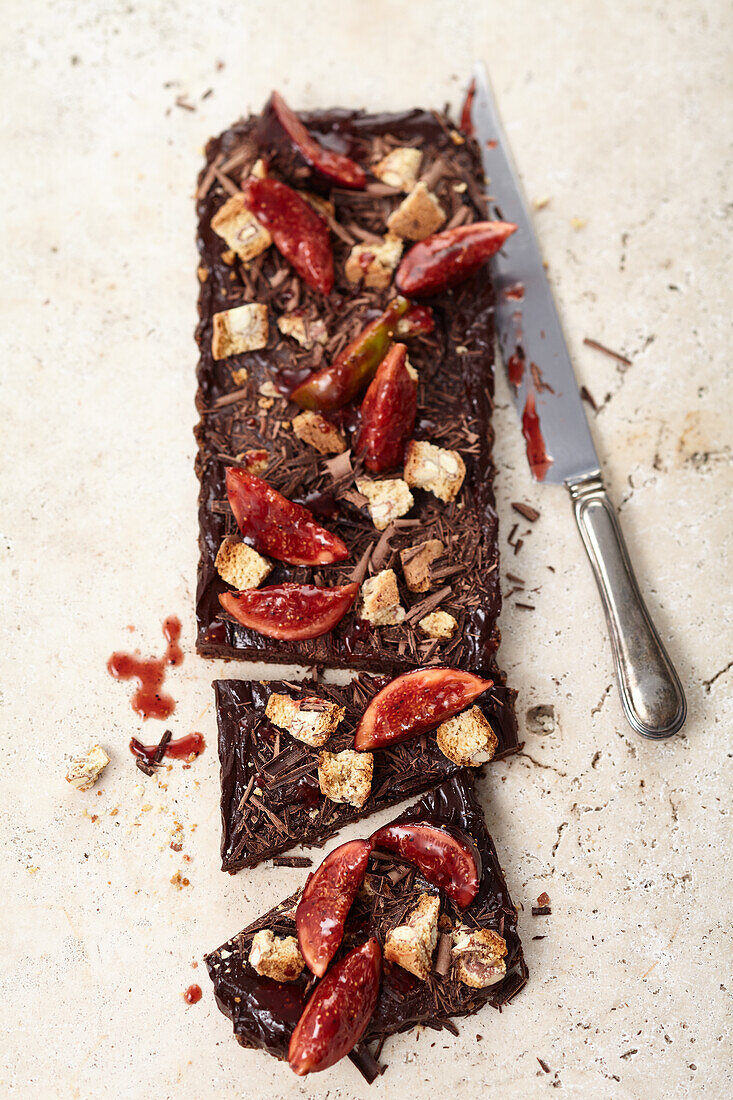Espresso chocolate fudge cake with cantuccini and pickled figs