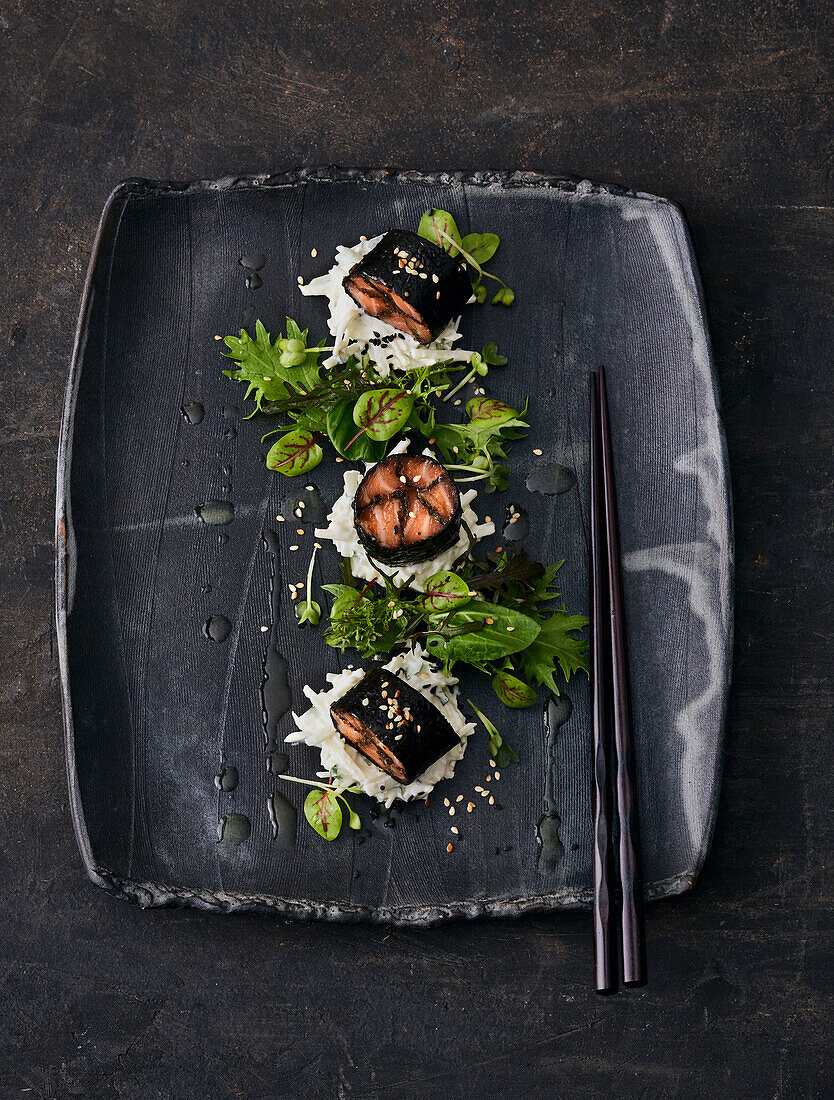 Mosaic salmon with apple slaw and cilantro oil