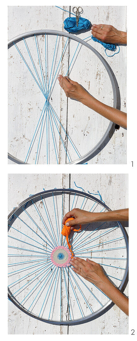 Making a patchwork rug using a bicycle rim