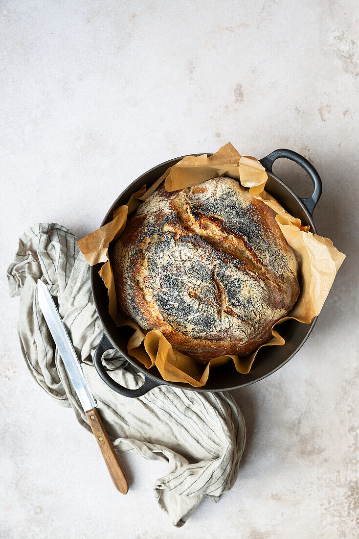 Round sourdough bread loaf with poppy seeds, baked in a dutch oven