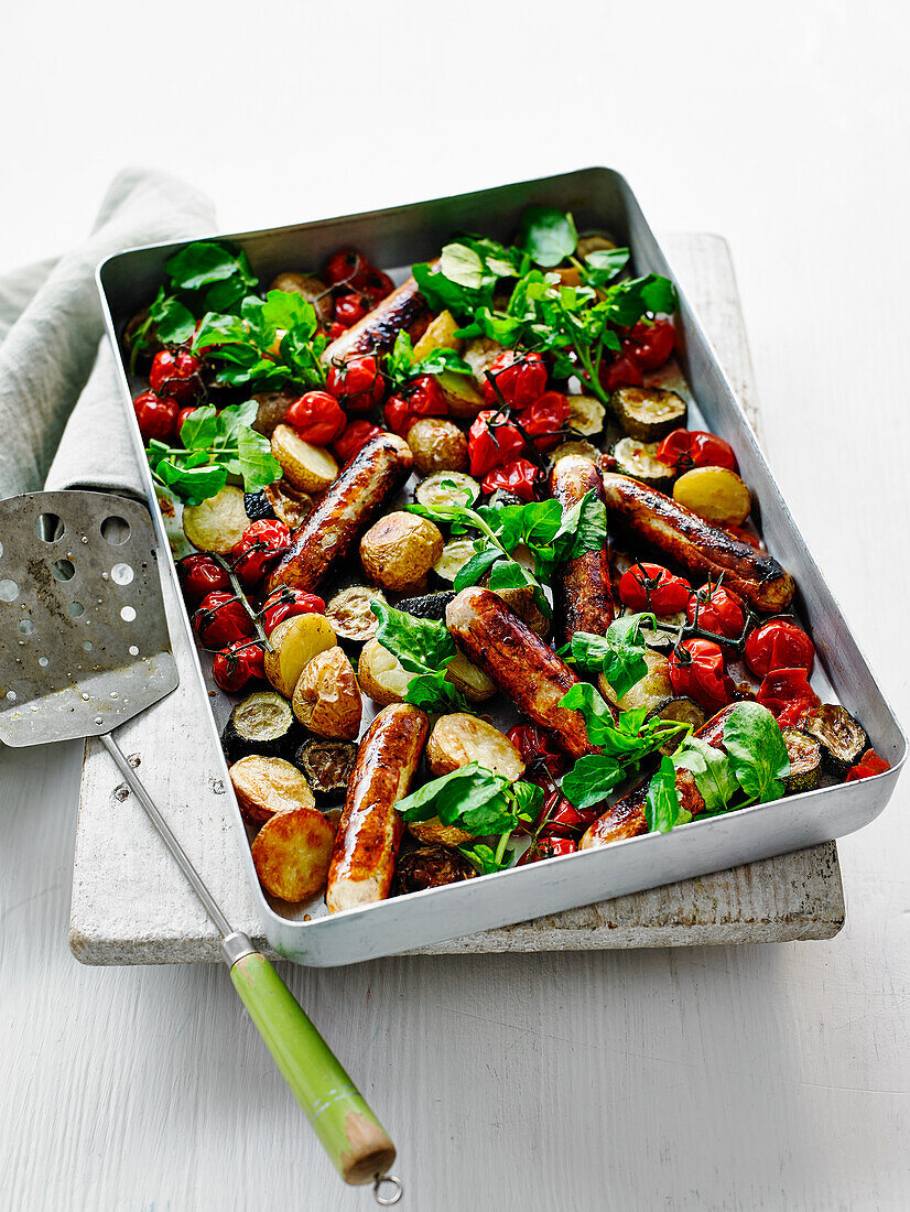 Sausage and courgette tray bake with potatoes