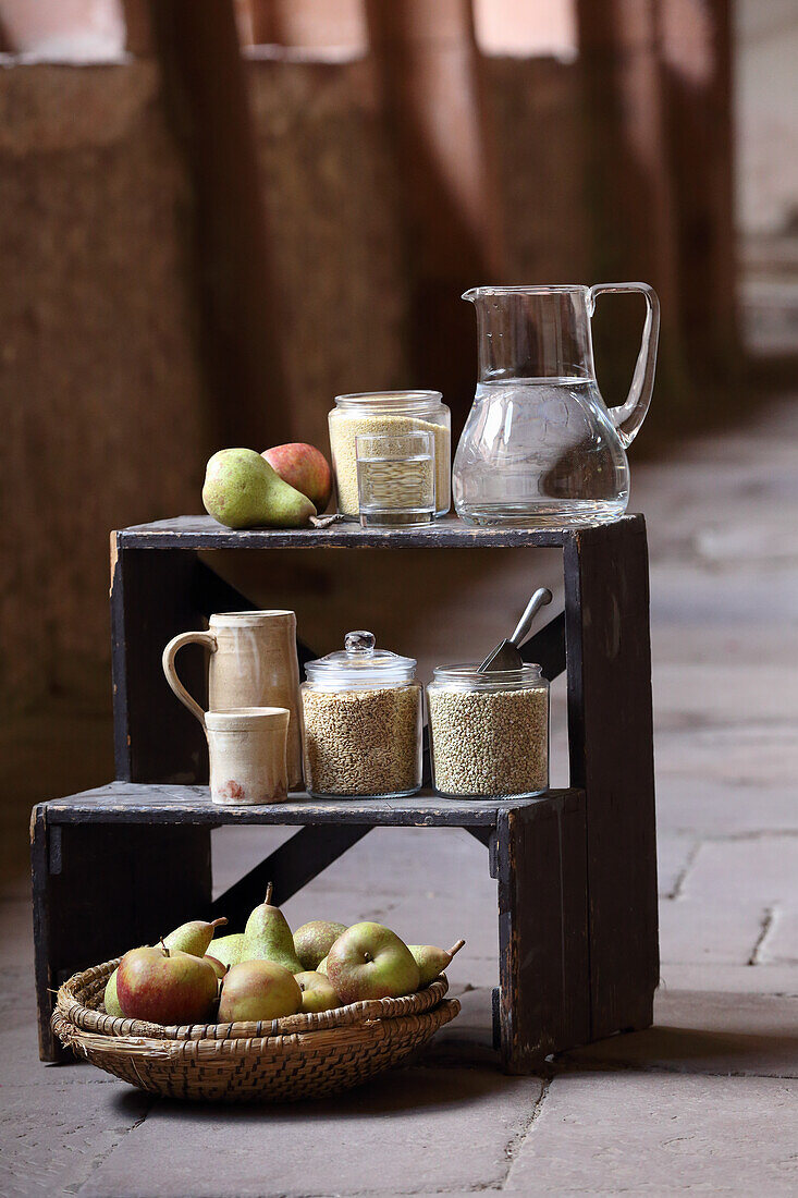 Apples, pears, buckwheat, oats, millet, and jug of water (monastic fasting)
