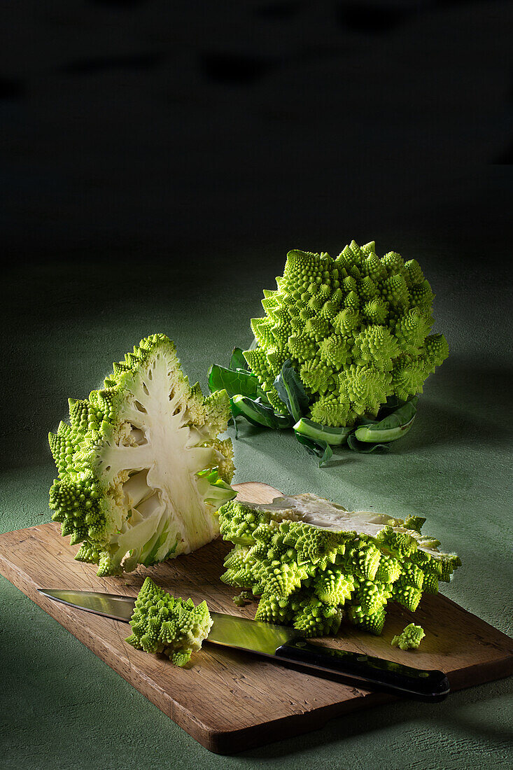 Romanesco cauliflower whole and cut