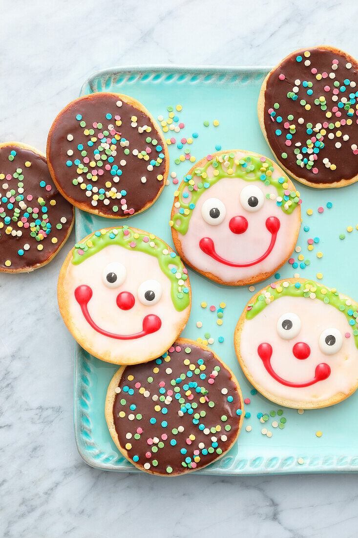 Colorfully decorated sugar cookies for children's birthday parties