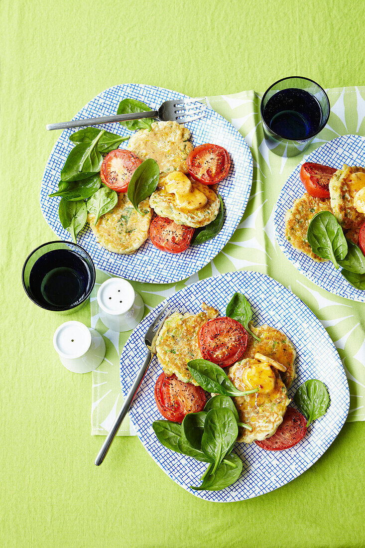 Sweetcorn fritters with roast tomatoes and chipotle butter