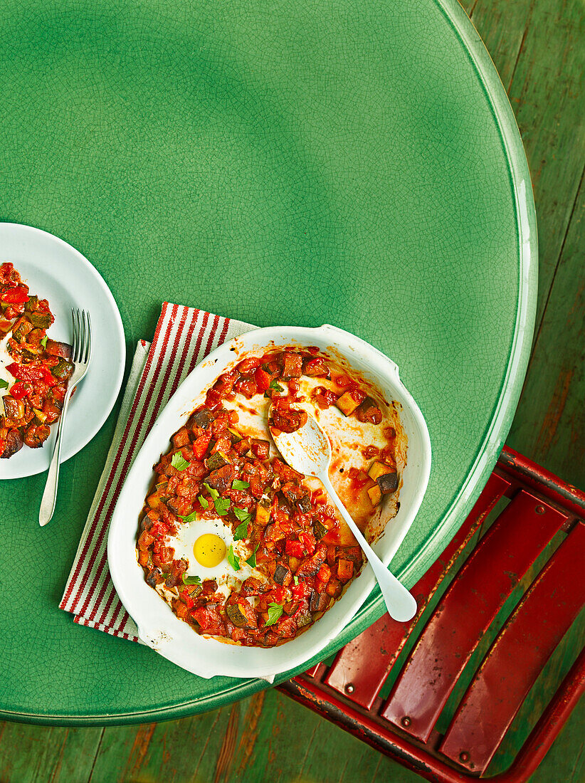Baked eggs with ratatouille and chorizo