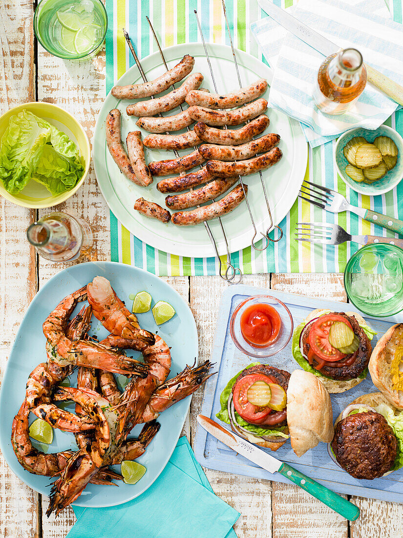 BBQ buffets with prawns, sausages and burgers
