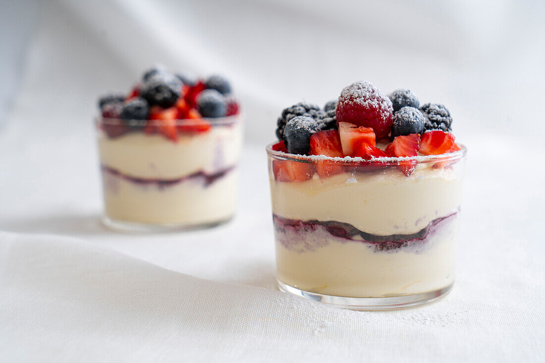 Small berry tiramisu in dessert glasses