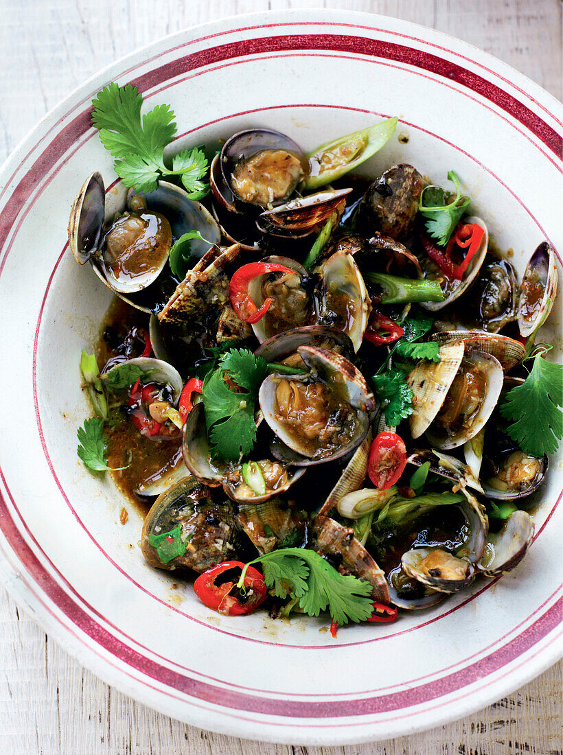 Clams with XO sauce, spring onions and coriander