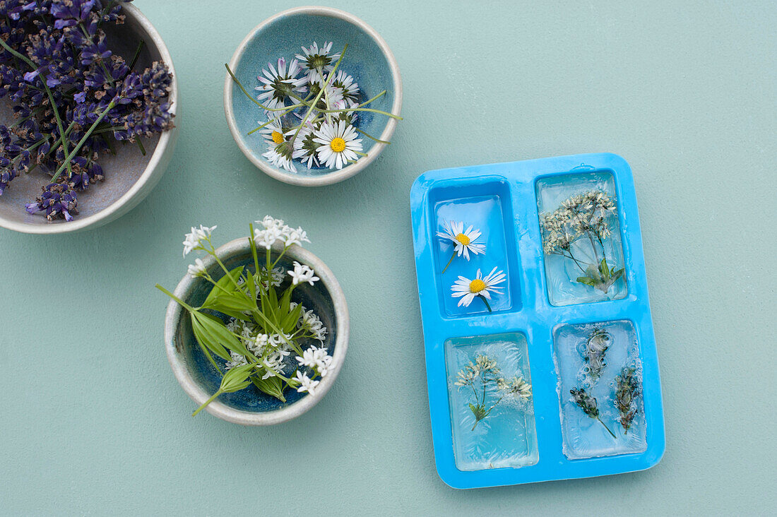 Zubereitung auf verschiedenen Wildblumen und Glyzerinmaterial für selbstgemachte Seifenstücke