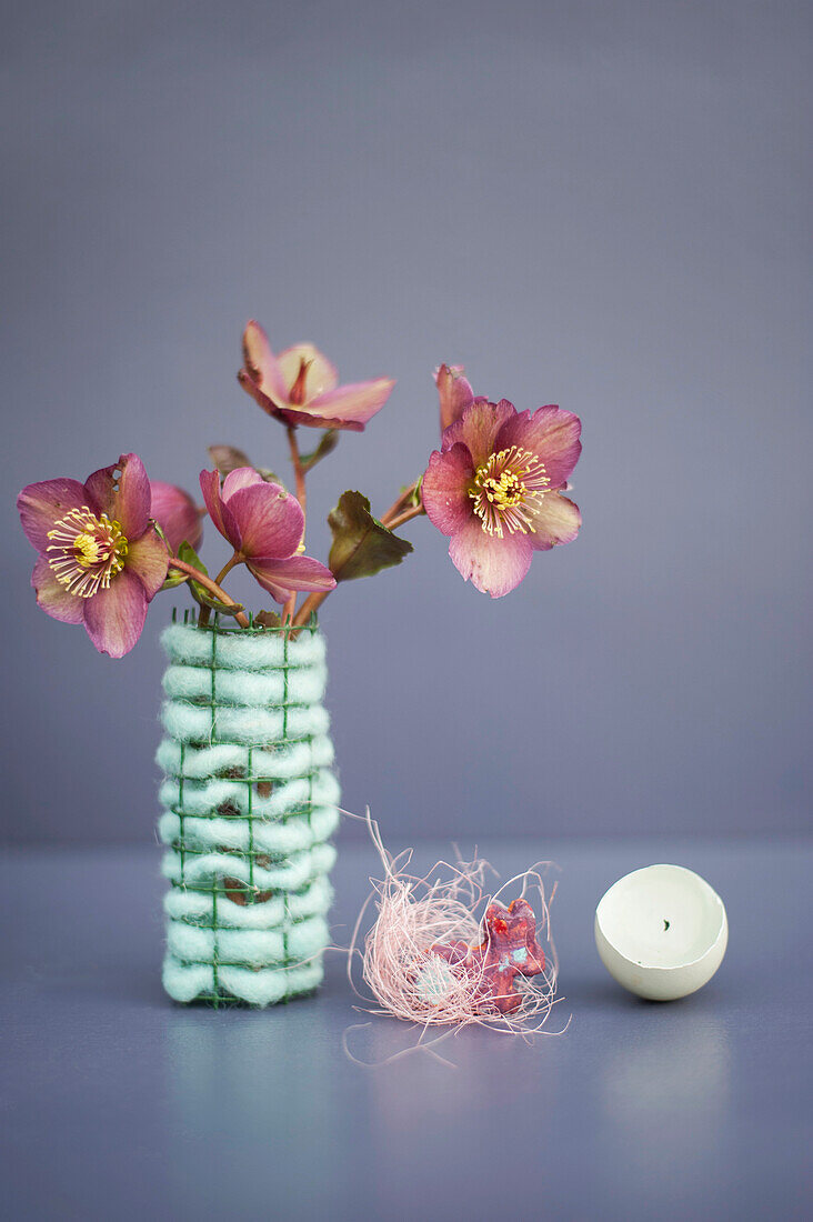 Lila Christrosen (Helleborus niger) blühen in einer Vase aus Wolle und Draht