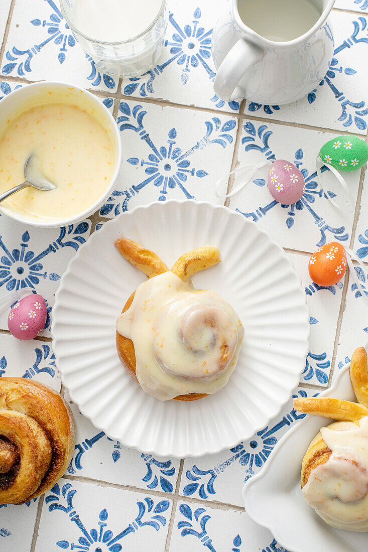 Easter bunny cardamom and cinnamon rolls with orange glaze