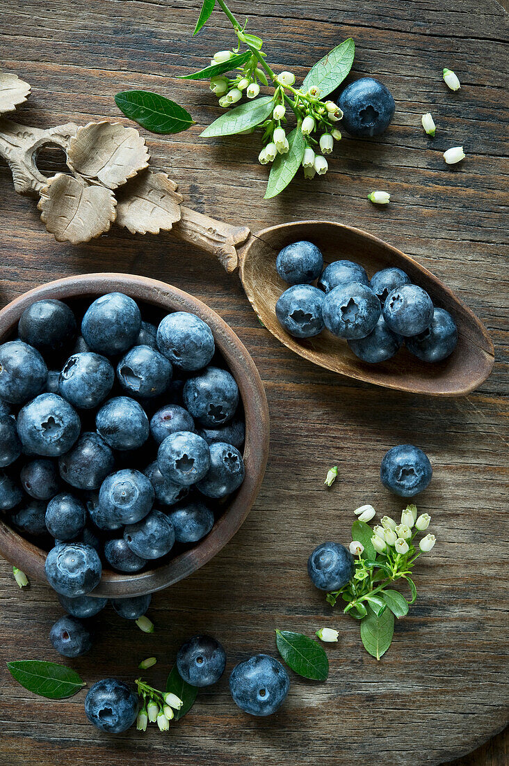 Schüssel Heidelbeeren, Holzlöffel, Heidelbeerblüten auf Holz