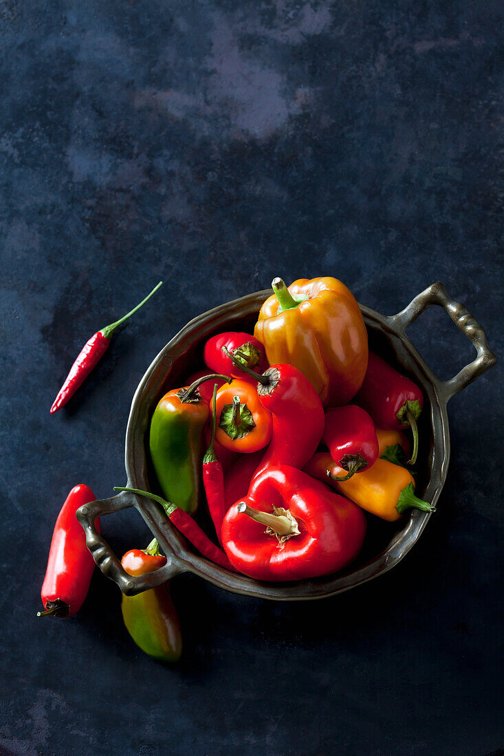 Bowl of various organic bell peppers and chili peppers on dark ground