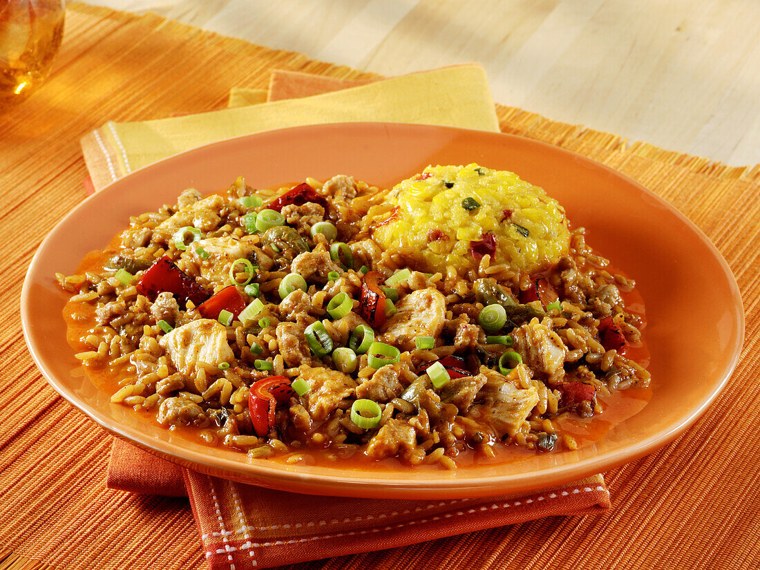 Creole style chicken and rice stew with corn pudding