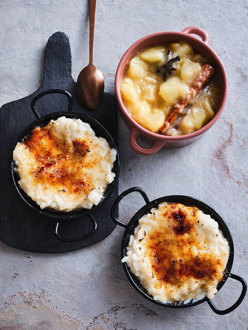 Cinnamon rice pudding brulee baked in a raclette with apple compote