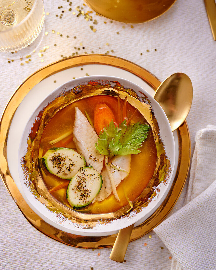 Bouillon with sole fillet and vegetables (Christmas)