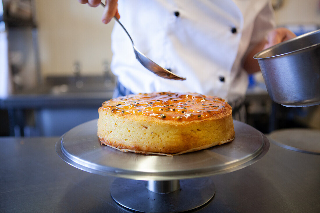 Polenta cake with passion fruit jam