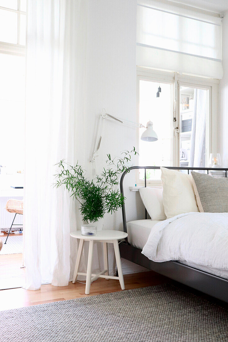 Bright bedroom with black metal bed and white bedside table with houseplant