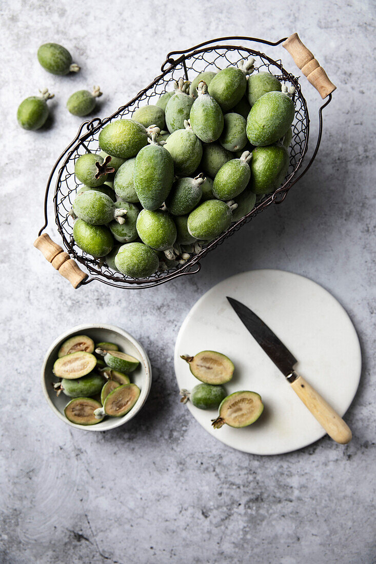 Freshly picked feijoa fruit and fruit sliced