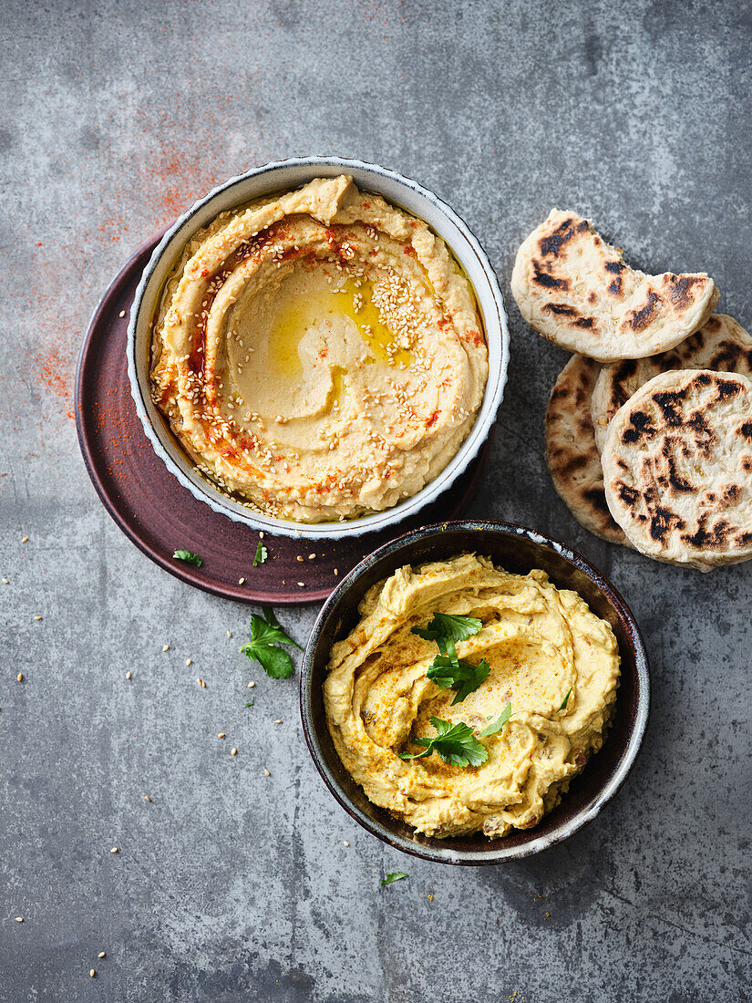 Harissa date dip, lentil hummus, chickpea pita bread