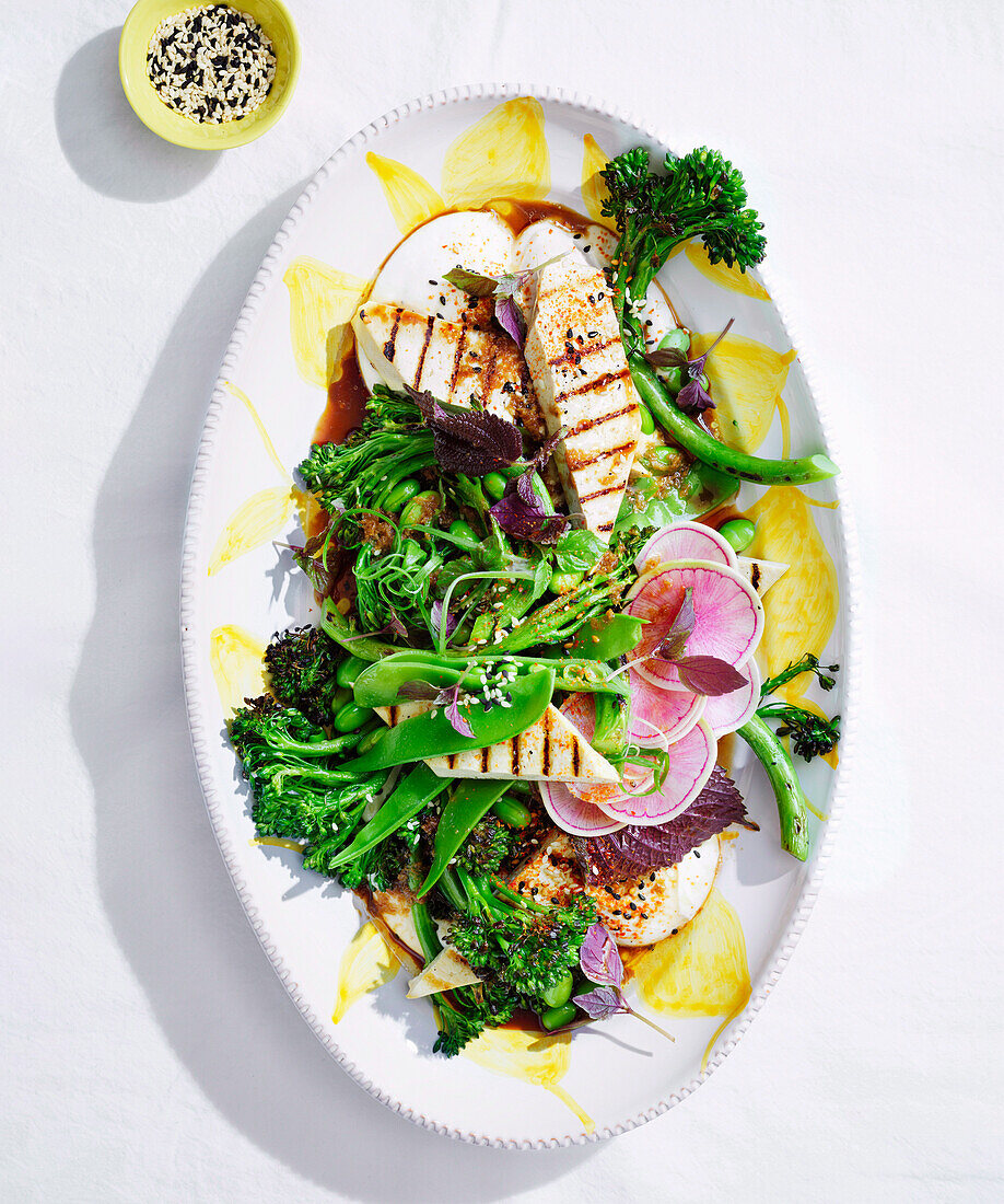 Char-grilled broccolini with whipped tofu and soy-yuzu dressing