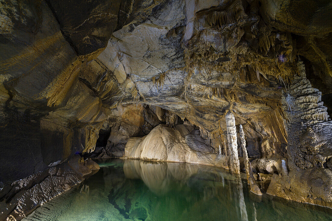 Underground lake in Krizna Jama karst cave, Slovenia
