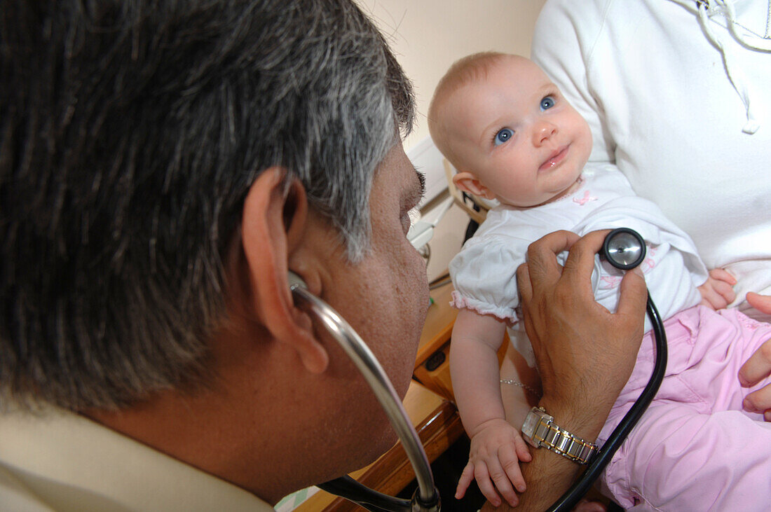 GP listening to a baby's heartbeat