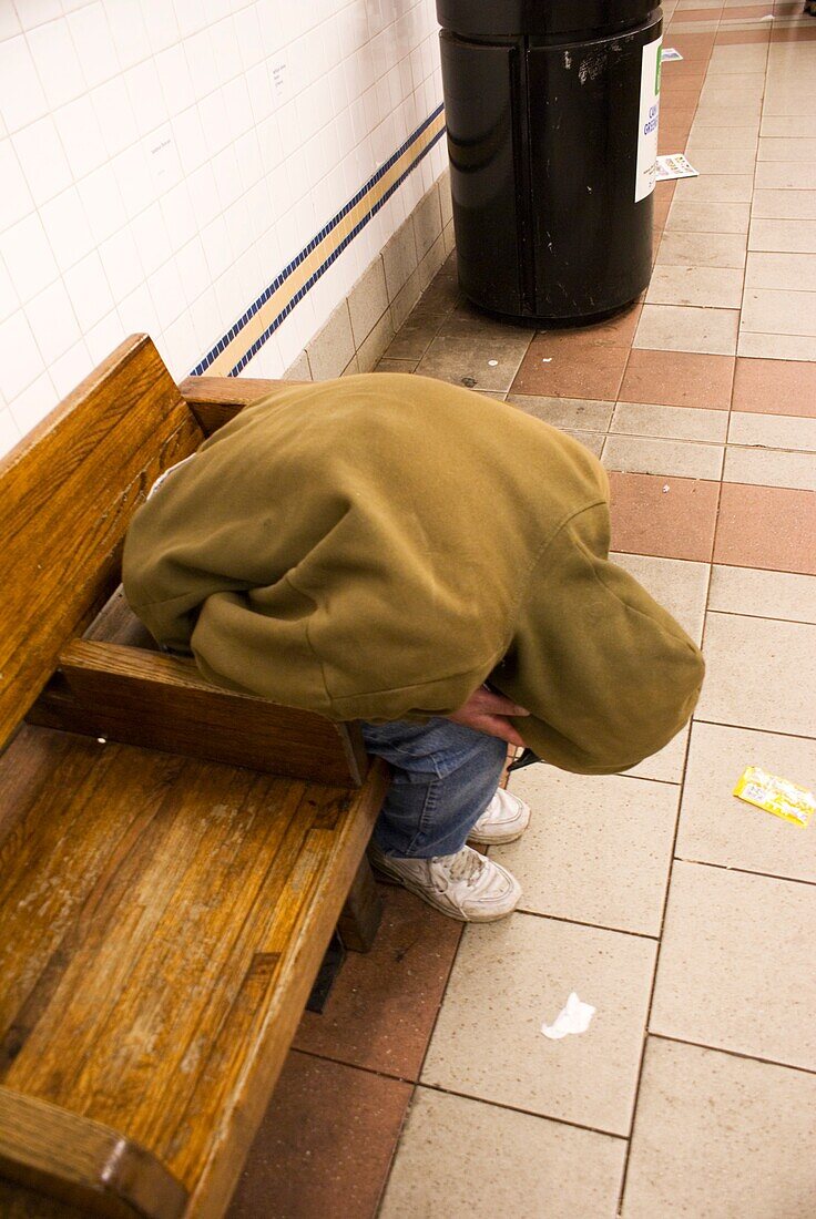 Homeless person in the New York subway