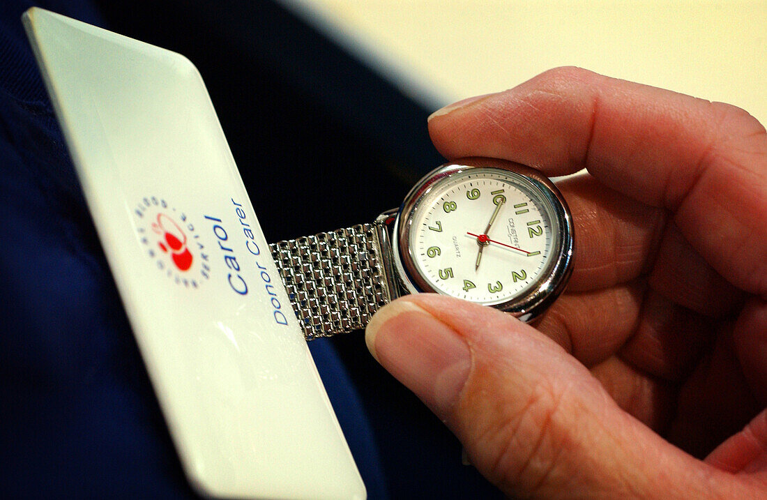 National Blood Service nurse's name badge and fob watch
