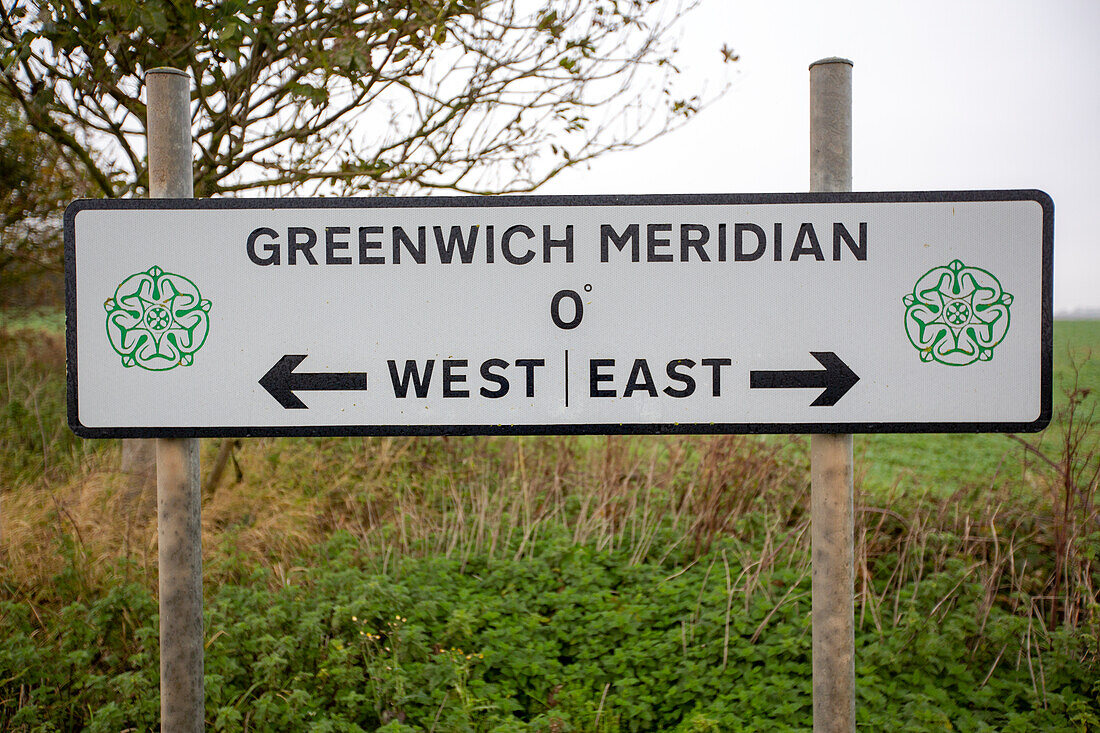 Greenwich Meridian sign, Yorkshire, UK