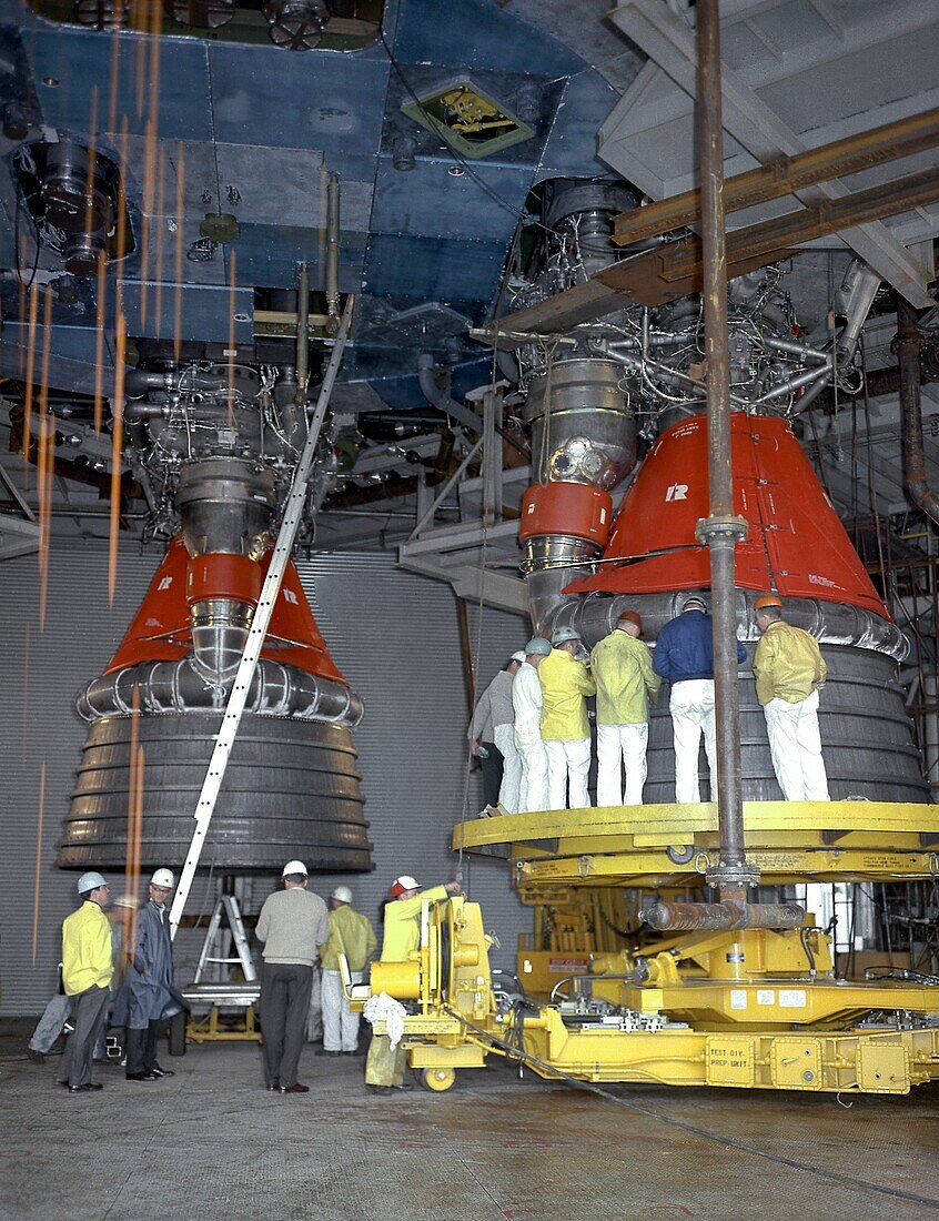 Engineers installing Saturn V F-1 engine