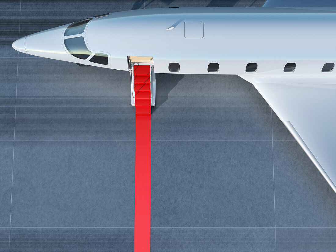 Red carpet leading to a business jet entrance, illustration