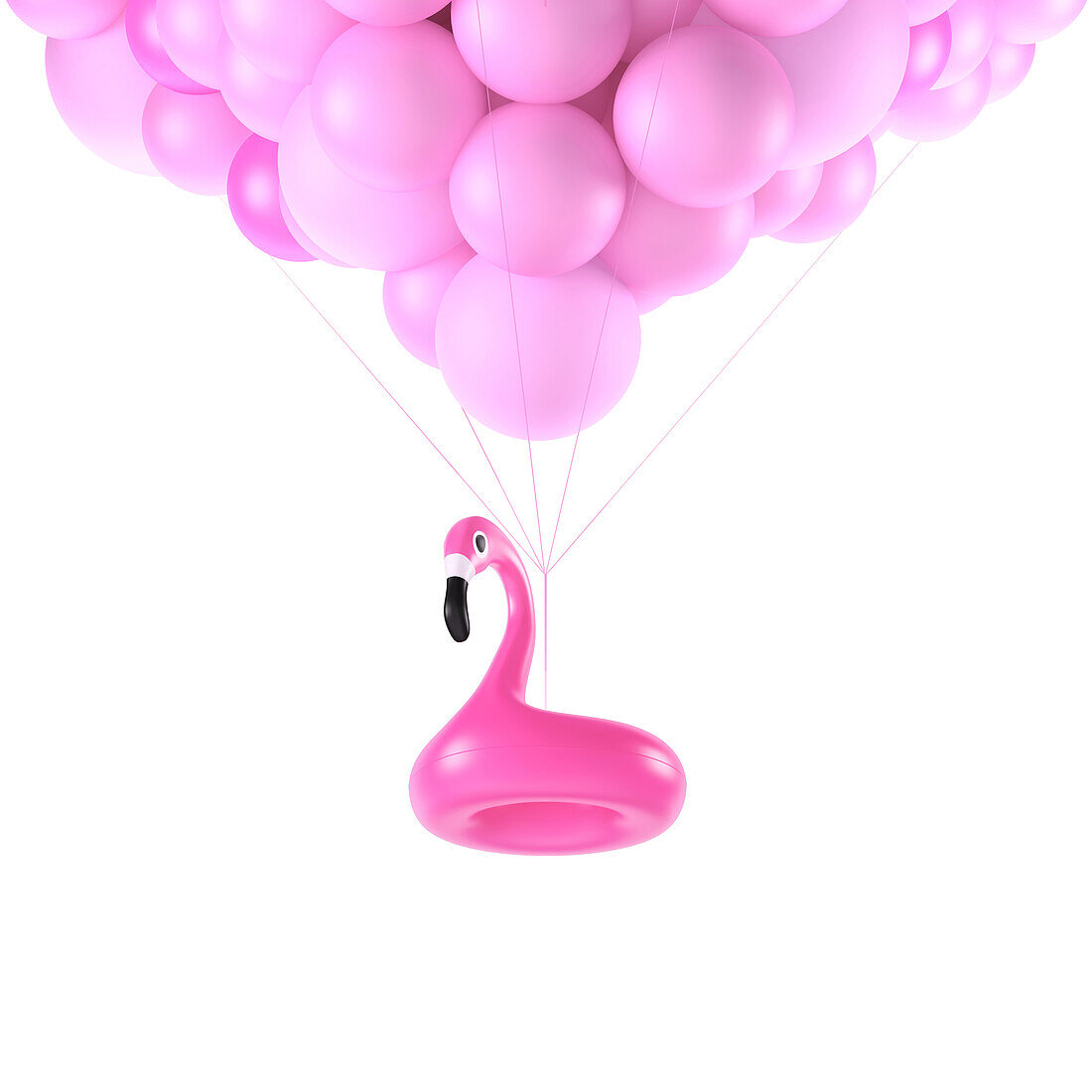 Pink inflatable flamingo pulled by balloons, illustration