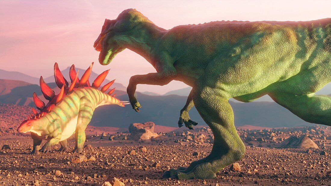 Artwork of allosaurus and stegosaurus