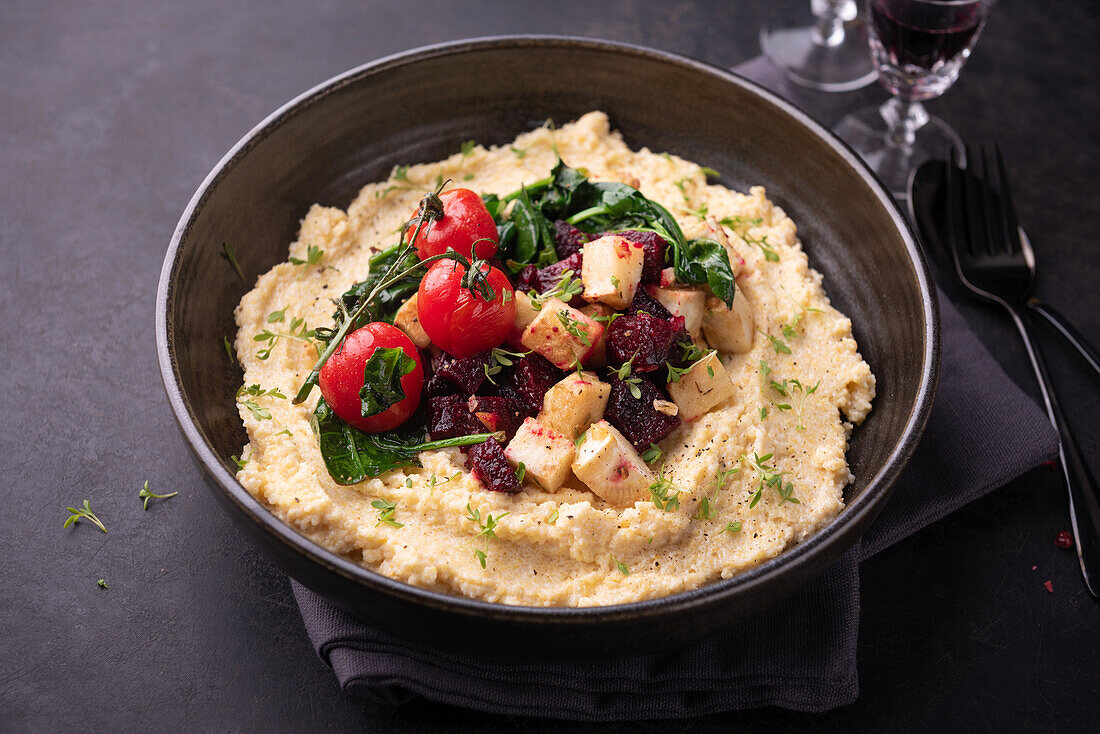 Cremige Polenta mit Rote Bete, Sellerie, Spinat und Tomaten