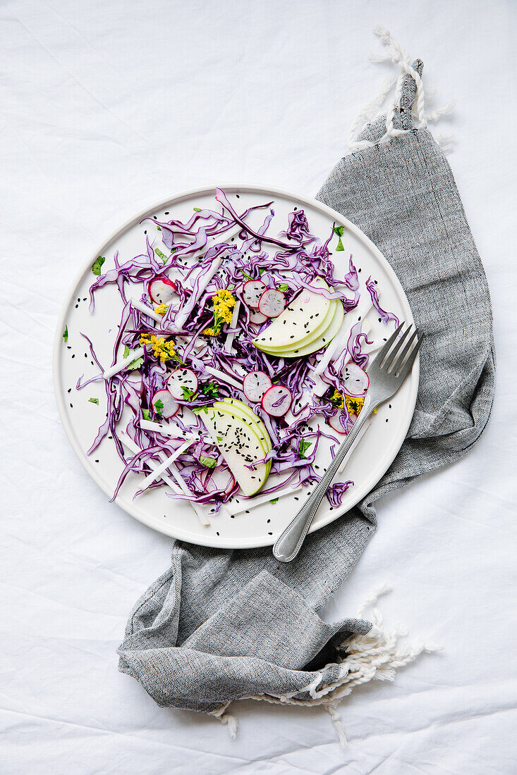 Red cabbage salad with Granny Smith, radishes and black sesame seeds