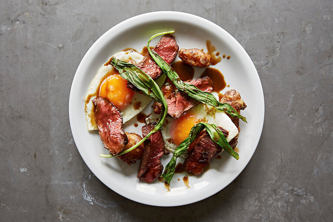 Seared beef and eggs
