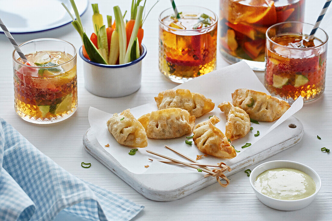 Deep fried gyoza with Pimms