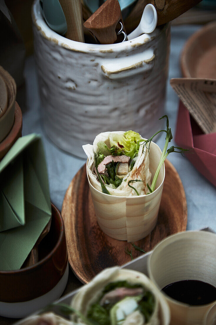 Wraps with duck breast and salad for a picnic