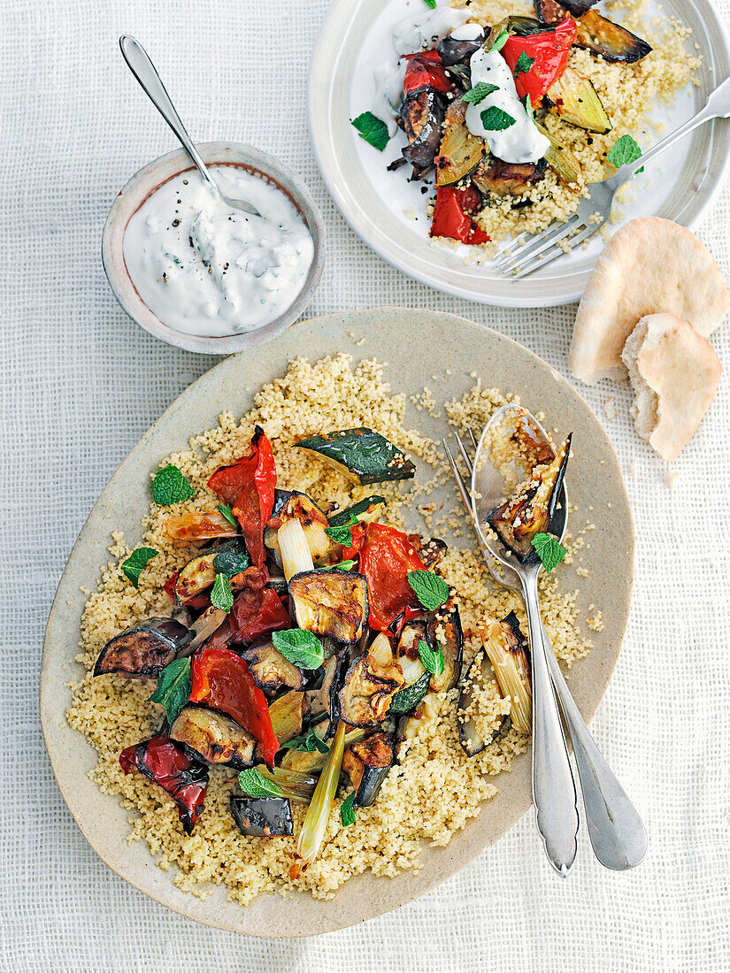 Moroccan roasted vegetables with couscous and tahini dressing
