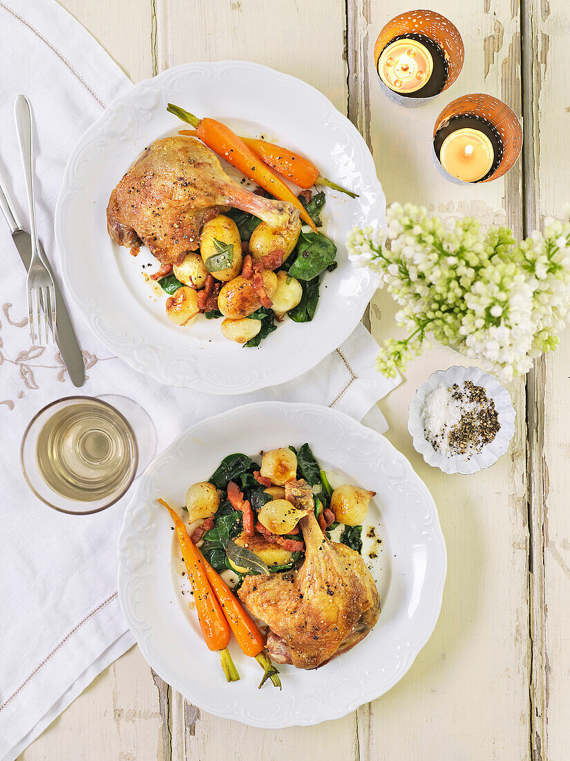 Salt duck with potatoes and carrots (England)