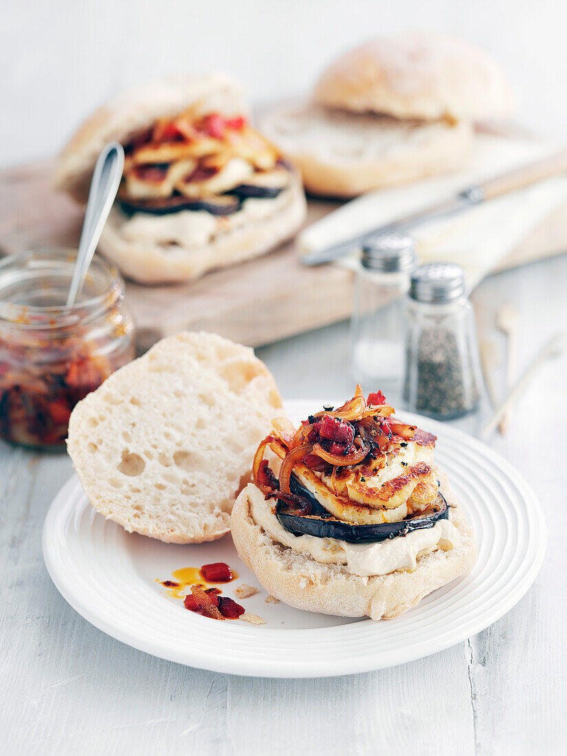 Halloumi and aubergine burger with harissa relish