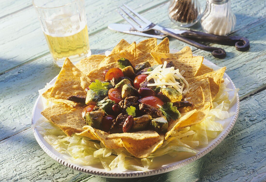Spicy meat and vegetable salad on tortilla chips