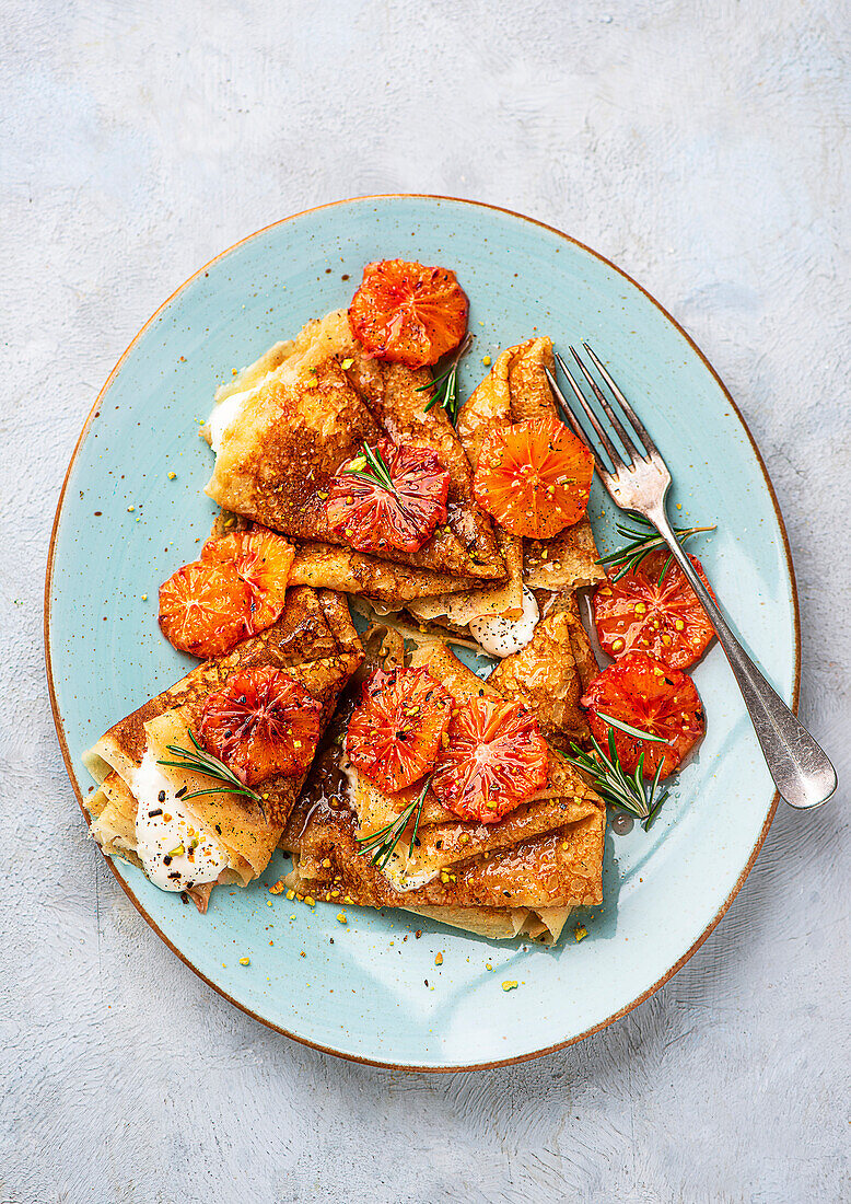 Pancakes with caramelised rosemary blood oranges