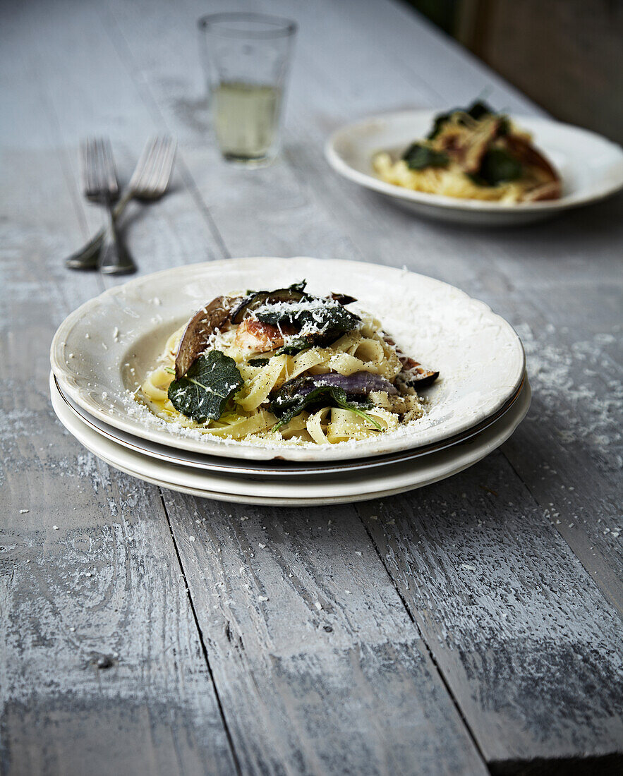 Tagliatelle with aubergines and sage