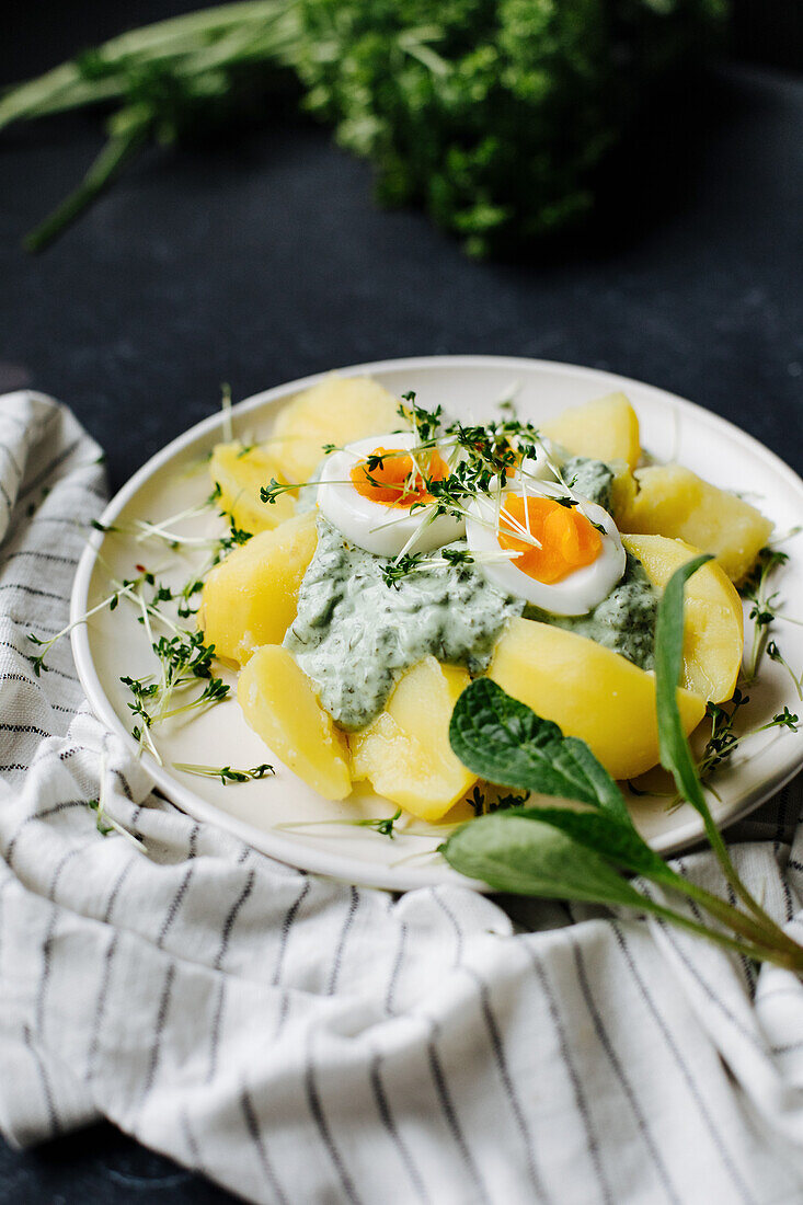 Hessische Grüne Sauce mit Kartoffeln und gekochten Eiern